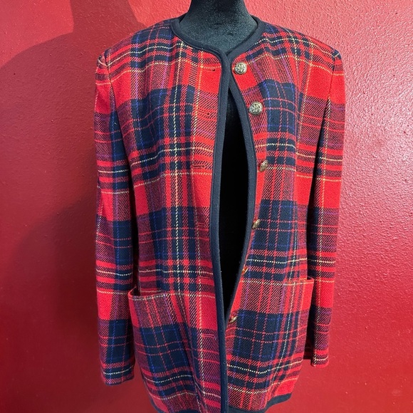 Liz Claiborne Jackets & Blazers - Liz Claiborne Collection Red Wool Plaid  Collarless Blazer Vintage, Size 10